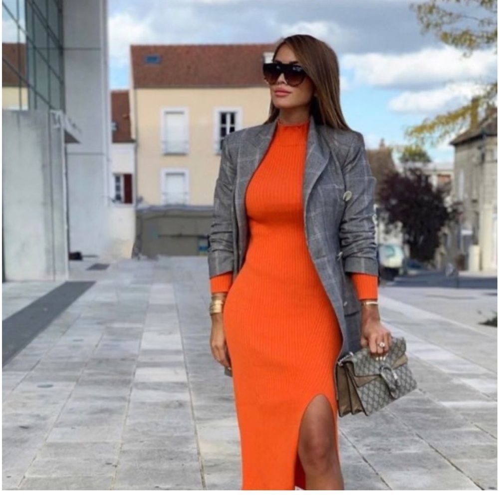 Zara Women Ribbed Dress with Slit Orange Maxi Long Size S
